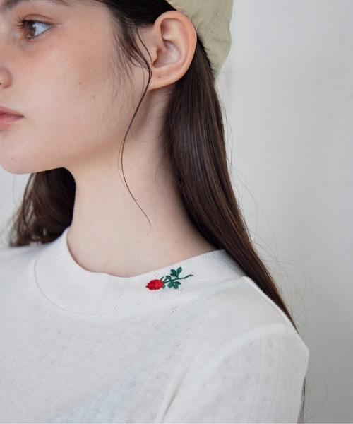 tシャツ Rose embroidery eyelet short top レディース