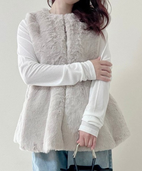 ベスト ジレ ノーカラー ペプラム ファー ベスト「Muller Rossi