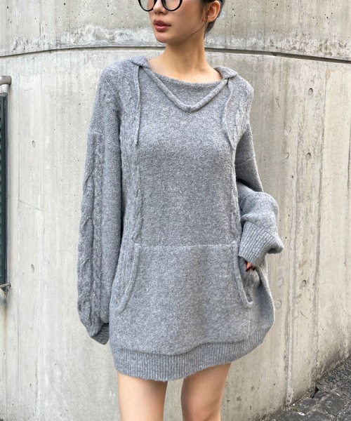 STONE  フード付きニットセーター XL グレー/ネイビー STONE フード付きニットセーター XL グレー/ネイビー STONE フード付き