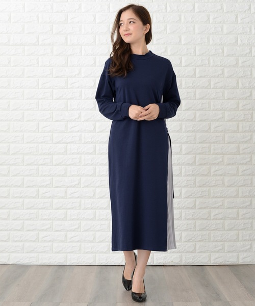 Lace Ladies ワンピース ラウンドネック サイドプリーツ切り替え