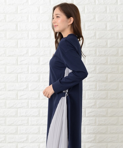 ワンピース ラウンドネック エレガント 無地 プリーツ Aライン Lace Ladies ワンピース ラウンドネック サイドプリーツ切り替え