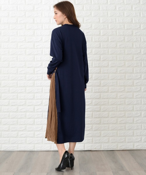 Lace Ladies ワンピース ラウンドネック サイドプリーツ切り替え