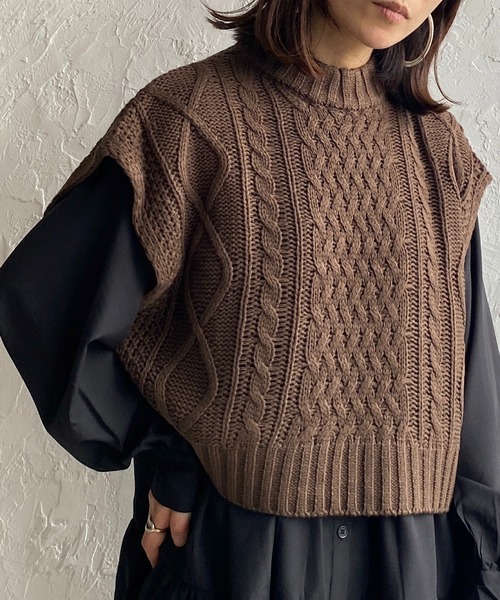 ベスト クルーネックケーブルアラン編みざっくりショート丈ニットベスト Zozotown Yahoo 店 通販 Yahoo ショッピング