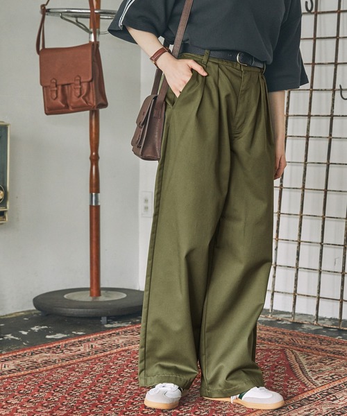チノパン ハイウエストタックワイドストレートチノパンツ レディース