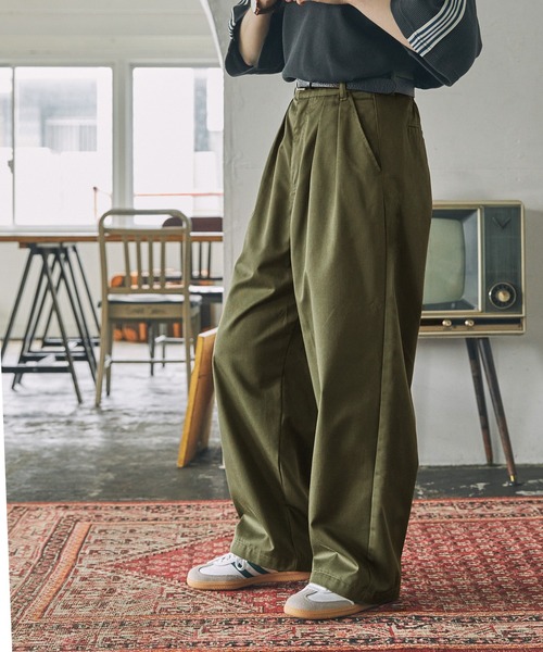 チノパン ハイウエストタックワイドストレートチノパンツ レディース