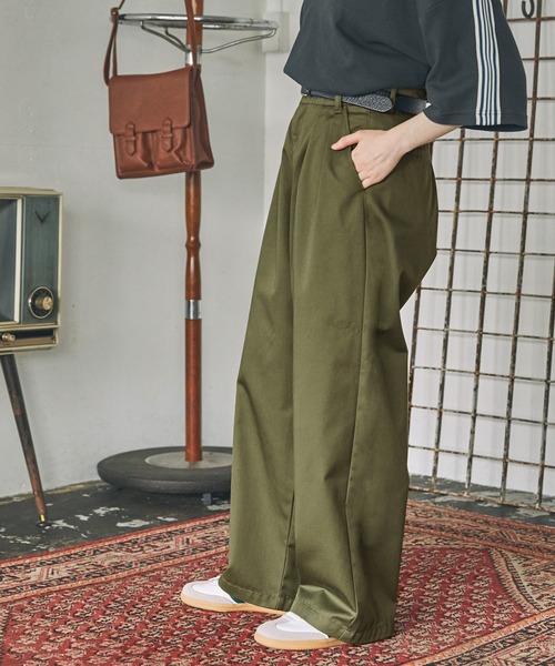 SENEE ウエストデザインワイドチノパンツ チノパン ハイウエストタックワイドストレートチノパンツ レディース
