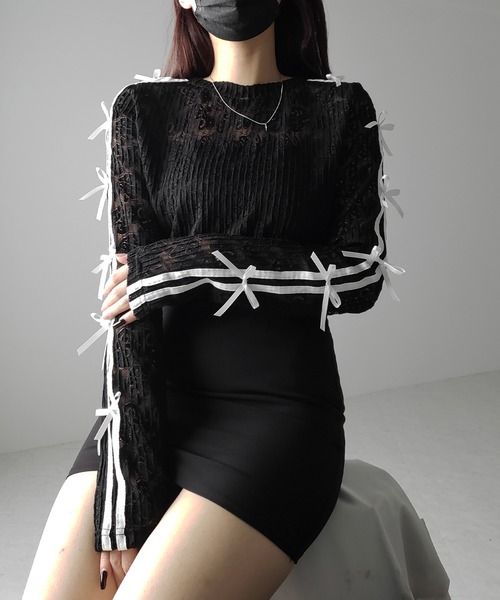 A♡】m.me.eme エムエメ サイドリボンオフショルダートップス me+em