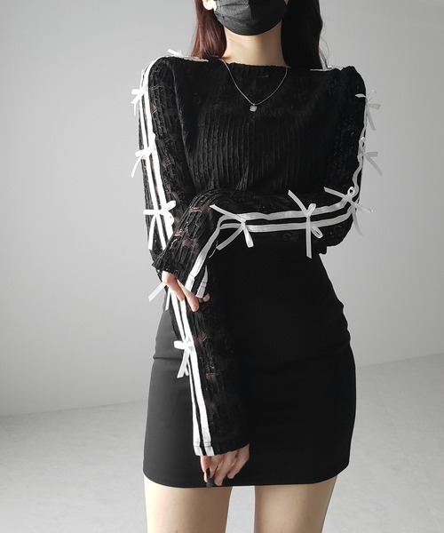 me+em select tシャツ 「 2color 」サイドラインリボンレース