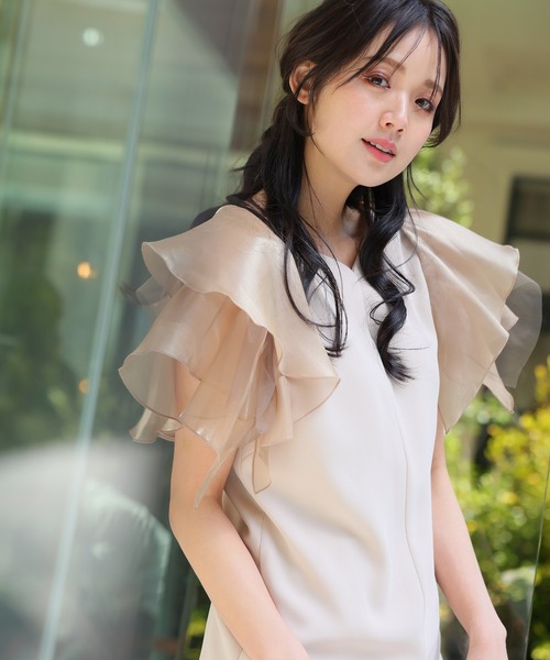 PourVous ドレス 結婚式 パーティードレス オーガンジーミモレ丈