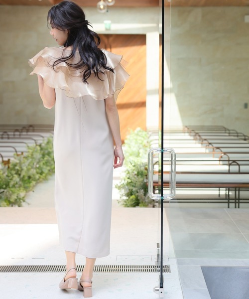 PourVous ドレス 結婚式 パーティードレス オーガンジーミモレ丈