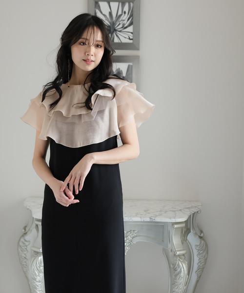 ★新品★パーティドレス　結婚式 レースノースリーブチュニック ベージュ 切り替えレースワンピースドレスロング&ノースリーブ結婚式