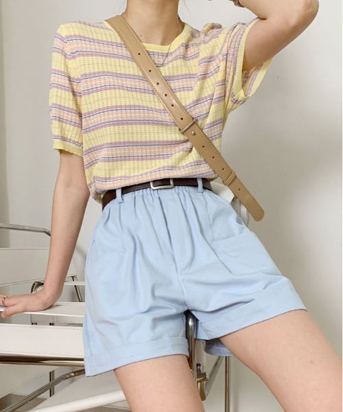 美品 Plantation マルチボーダー リブ サマーニット 春夏 ニット セーター マルチ ボーダー サマー トップス レディース
