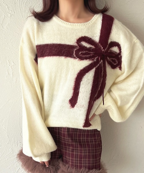 apresjour 【8周年記念アイテム】クロス紐付きフロントリボンニット
