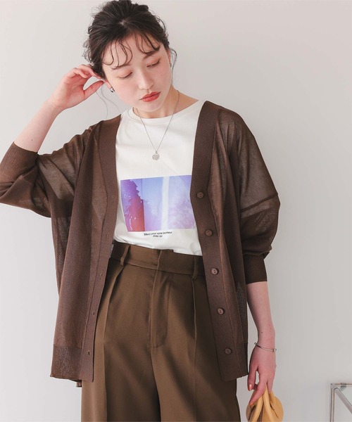 titivate カーディガン ゆったりシアーVネックニット