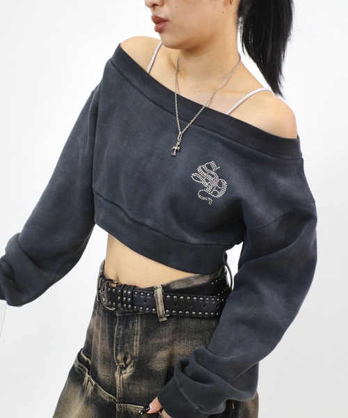 トレーナー スウェット 「SLOPPY/スロッピー」ラインストーンショートオフショル レディース