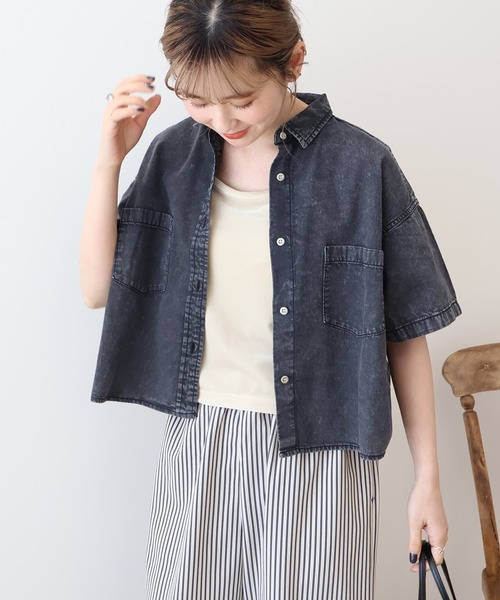 ブラウス シャツ ダブルポケットデニムシャツ レディース AMERICAN HOLIC ブラウス シャツ Wポケットデニムショートシャツ