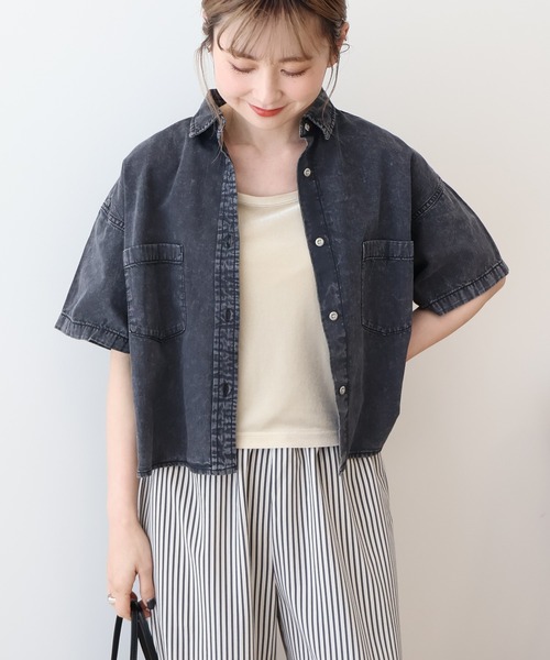 ブラウス シャツ デニムポケットシャツ レディース AMERICAN HOLIC ブラウス シャツ Wポケットデニムショートシャツ