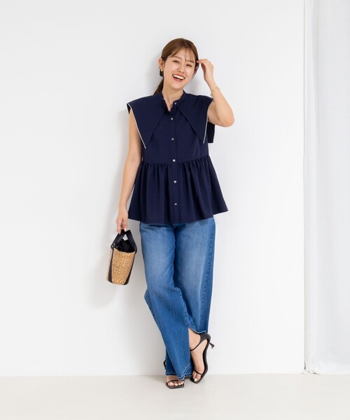 「NOLLEY'S」 半袖ブラウス 36 ネイビー レディース NOLLEY'S ブラウス シャツ ビッグカラーノースリーブブラウス