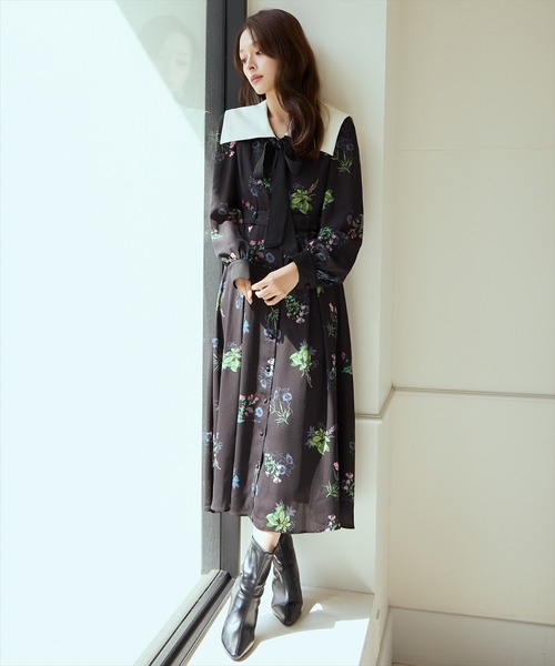 drawer 花柄ダークグリーン長袖ワンピース drawer 花柄ダークグリーン長袖ワンピース drawer 花柄ダークグリーン
