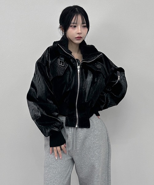 mezzo forte“羊革“黒“短丈“bomber jacket FOLLOWIN（フォロウィン） レザージャケット ライダース ボアカラー