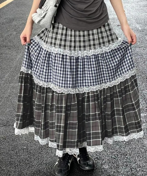 スカート Nia(ニア)/チェック柄パッチワーク ロングスカート