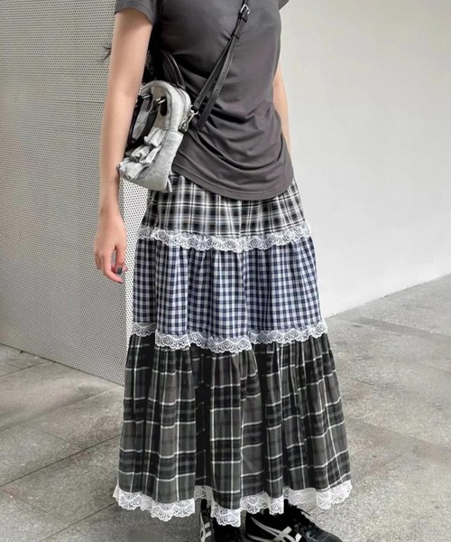 スカート Nia(ニア)/チェック柄パッチワーク ロングスカート