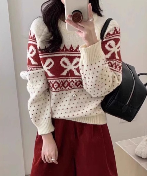 「GEMEDA」 長袖ニット M レッド レディース_画像6