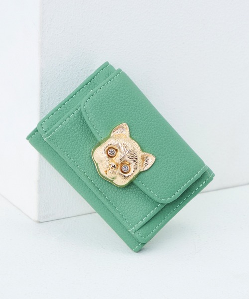 新品・未使用品　PAUL & JOE　三つ折りミニ財布　CAT BROOCH　緑 PAUL & JOE ACCESSOIRES（ポールアンドジョーアクセソワ） 財布 PAUL