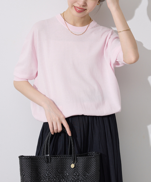 【美品】  ​SLOBE IENA / スローブイエナ | 2023SS | AMERICAN VINTAGE / アメリカンヴィンテージ ハーフスリーブニット | S | グレー | レディース SLOBE IENA（スローブイエナ） ニット セーター 刺しゅうロゴニット