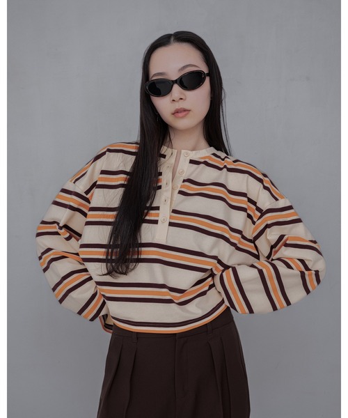 YOOU ヘンリーネック tシャツ ボーダーカットソー／ヘンリーネック