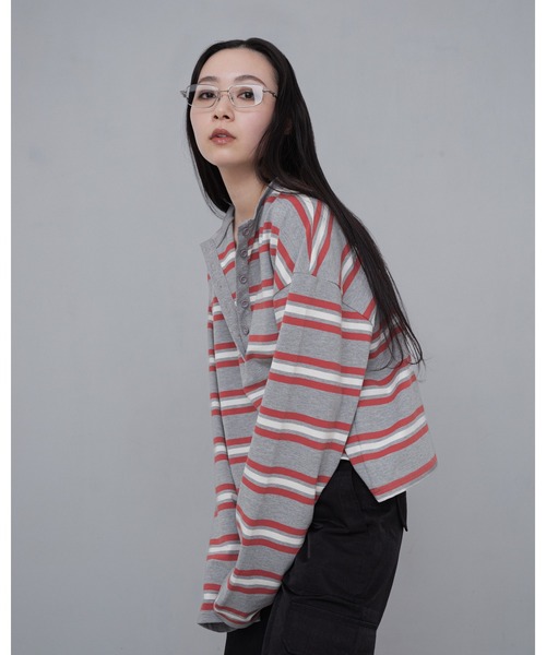 YOOU ヘンリーネック tシャツ ボーダーカットソー／ヘンリーネック