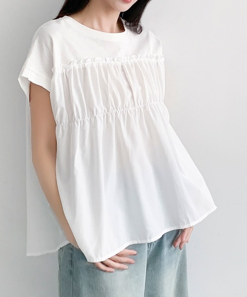 LOWO tシャツ 半袖 ドッキングギャザーフレア半袖トップス レディース 