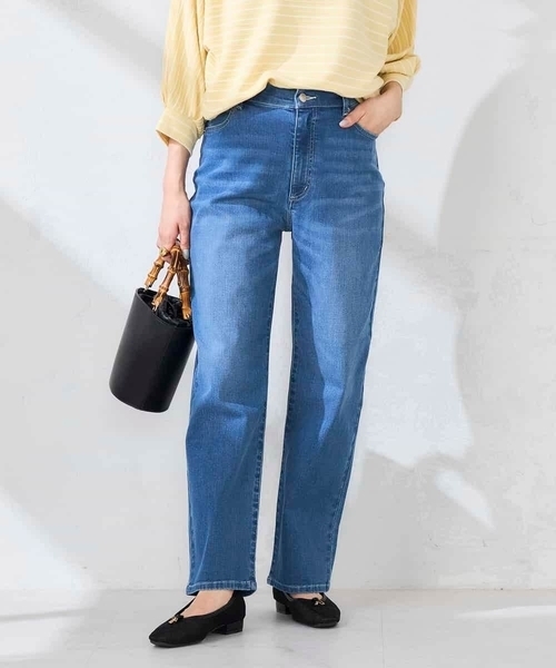 パンツ サマーストレッチデニムストレートパンツ レディースの画像