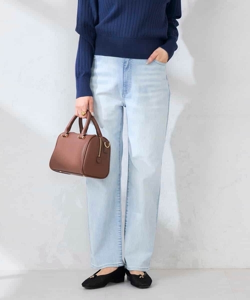 パンツ サマーストレッチデニムストレートパンツ レディースの画像