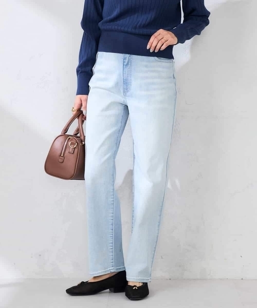 パンツ サマーストレッチデニムストレートパンツ レディースの画像
