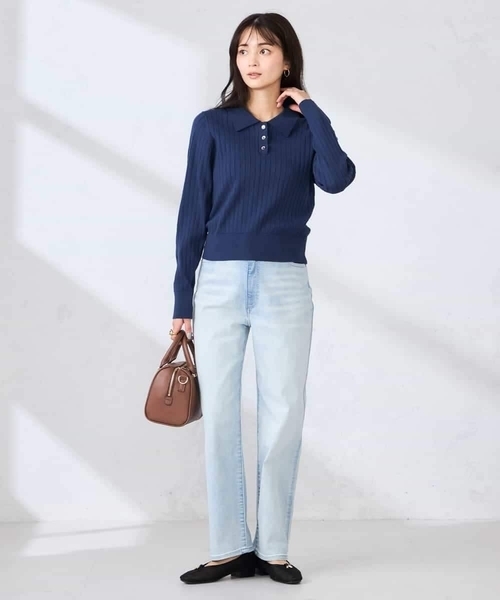 パンツ サマーストレッチデニムストレートパンツ レディースの画像