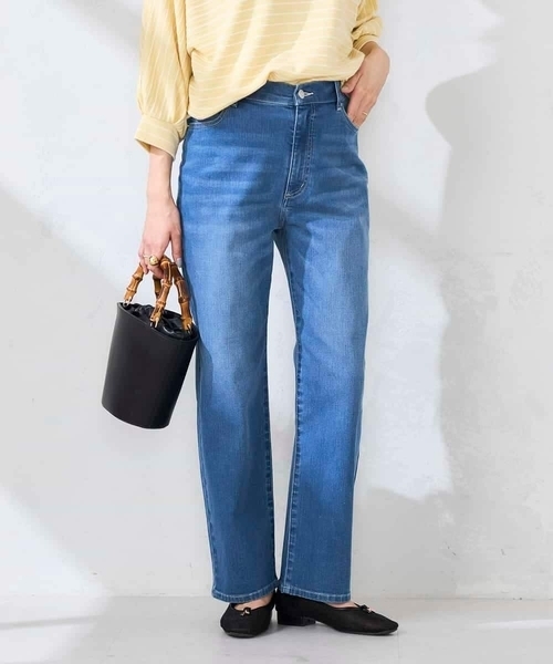 パンツ サマーストレッチデニムストレートパンツ レディースの画像