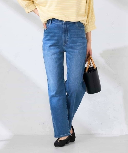 パンツ サマーストレッチデニムストレートパンツ レディースの画像