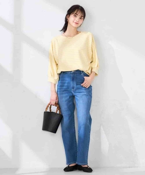 パンツ サマーストレッチデニムストレートパンツ レディースの画像