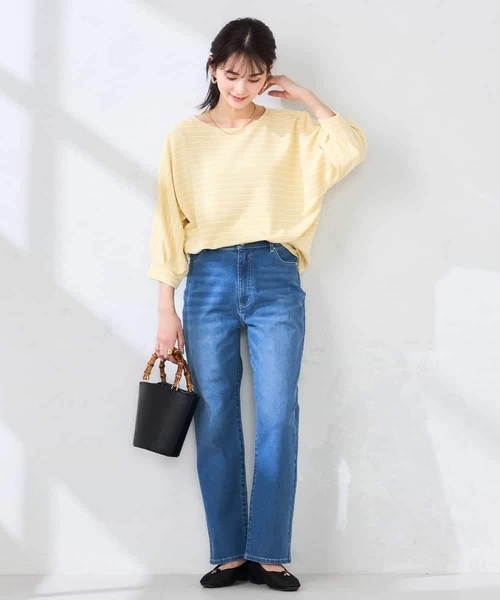パンツ サマーストレッチデニムストレートパンツ レディースの画像