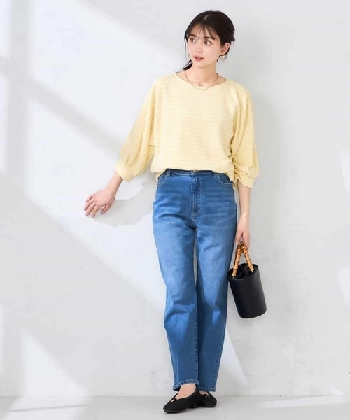 パンツ サマーストレッチデニムストレートパンツ レディースの画像