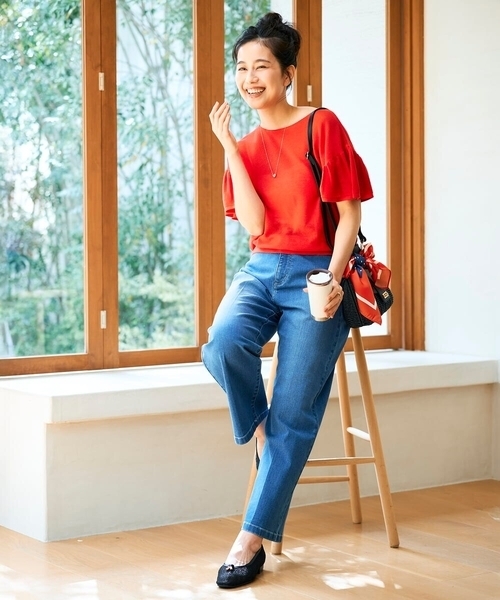 パンツ サマーストレッチデニムストレートパンツ レディースの画像