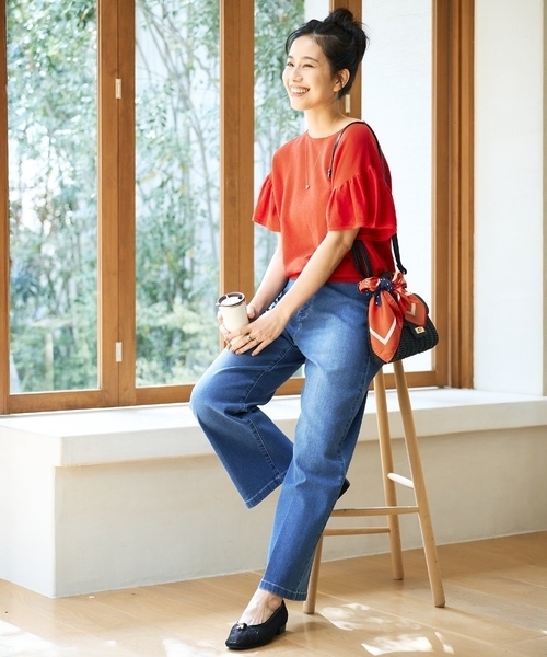 パンツ サマーストレッチデニムストレートパンツ レディースの画像