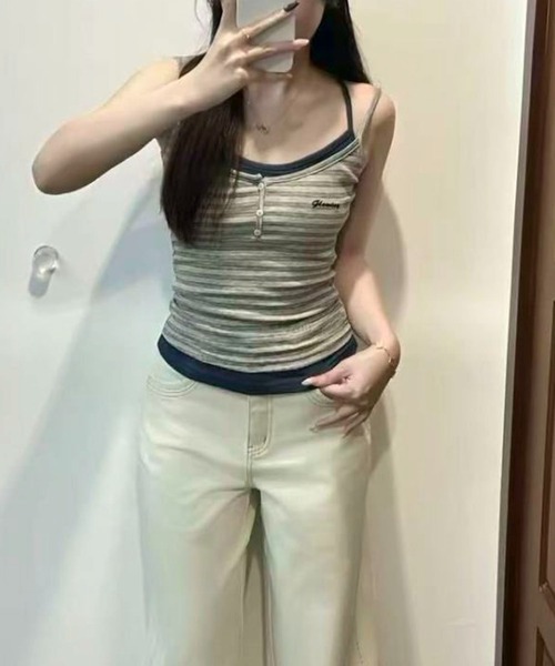 AVYL タンクトップ ノースリーブ マルチボーダーヘンリーネック