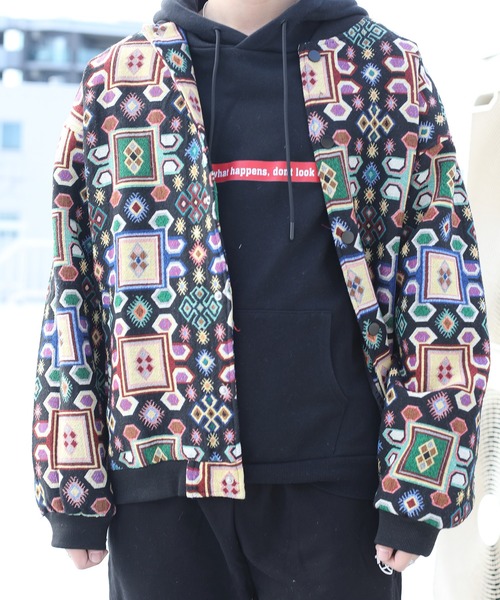 ブルゾン アウター HOOK- パッチワーク柄幾何学模様 ゴブランブルゾン