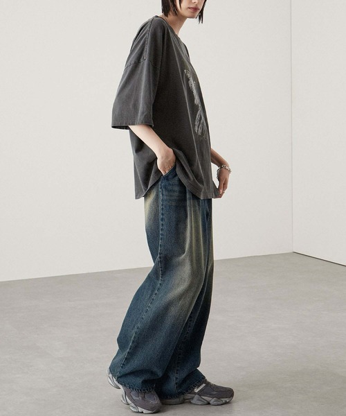 ジーンズ 「Alfred Alex」ケミカル ヴィンテージ メイク タック ワイド テーパード ハイウエスト デニム パンツ/ダメージ加工 メンズ レ