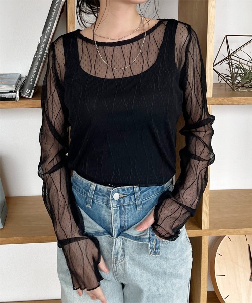 tシャツ フィンガーホールウェーブ柄シアーインナートップス 