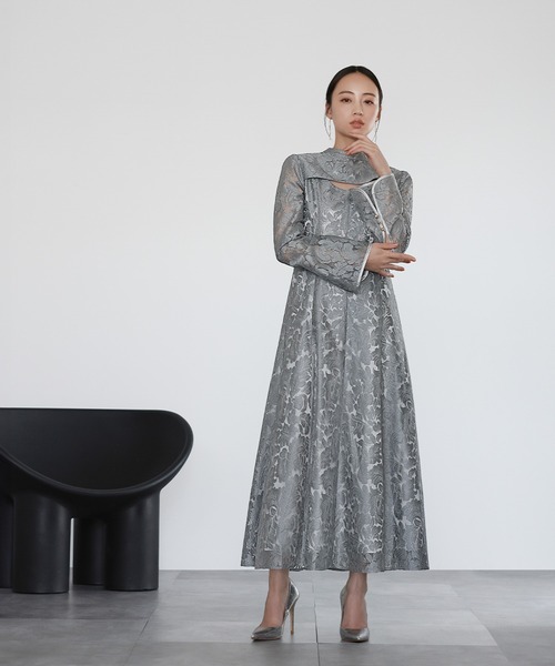 GIRL DRESS FOR NOW ドレス スタンドカラー総レース フレア