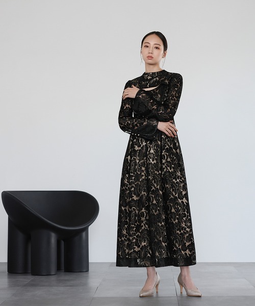 GIRL DRESS FOR NOW ドレス スタンドカラー総レース フレア ロング
