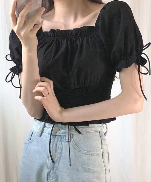 GU ロク　コラボ　3点セット　パフスリーブトップスセット、リボンニット、ハット リブニットボーダースクエアネックタンクトップ、フロントリボン